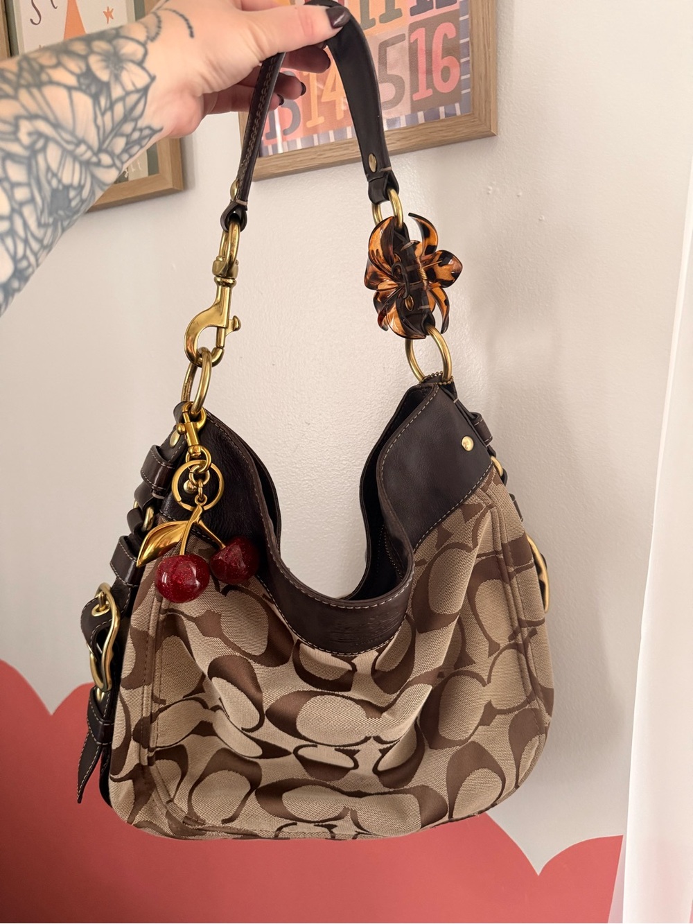 Brown Patterned Hobo Bag with Dark Leather Trim